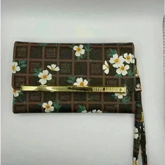 Steve Madden Logo Bar Trifold Floral Print Wallet Wristlet Clutch Brown Boho Fun - Picture 6 of 8